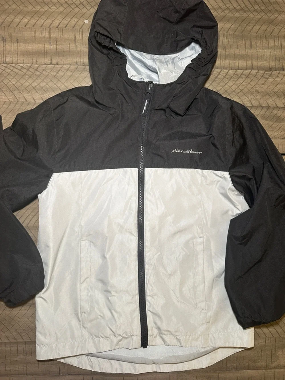Eddie Bauer Black and Gray Kids Hooded Light Jacket Windbreaker